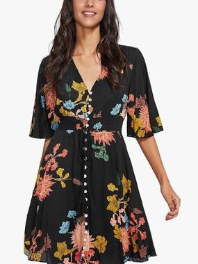 Floral V-Neck Black Dress with Button Front (50)